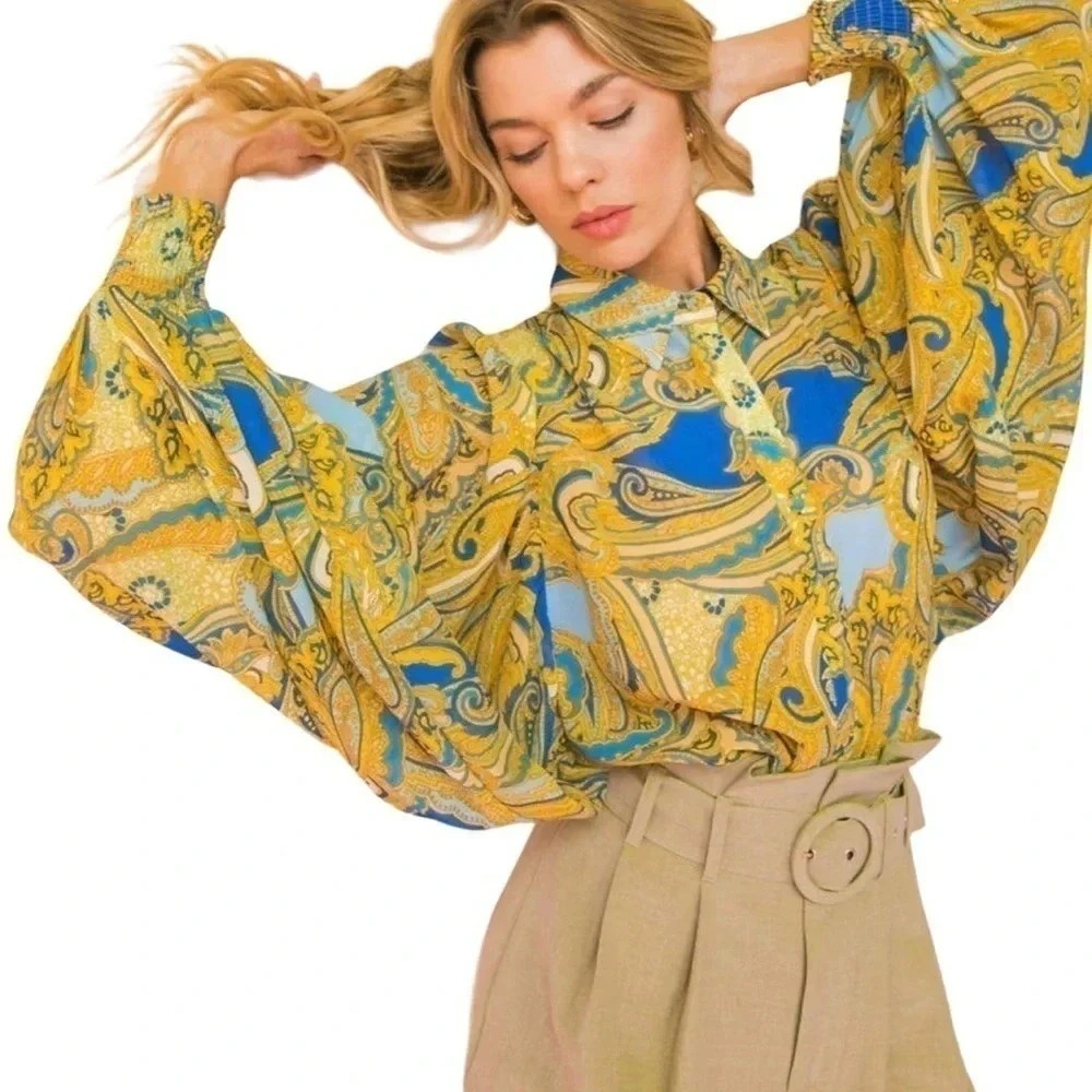 Flying Tomato Paisley Blouse 2X Yellow Blue Balloon‎ Sleeve Button Up Boho Top